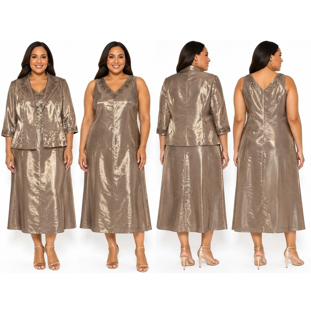 David's Bridal 2PC Dress Jacket Set Plus 20WP Bronze Metallic Beaded Formal Gown